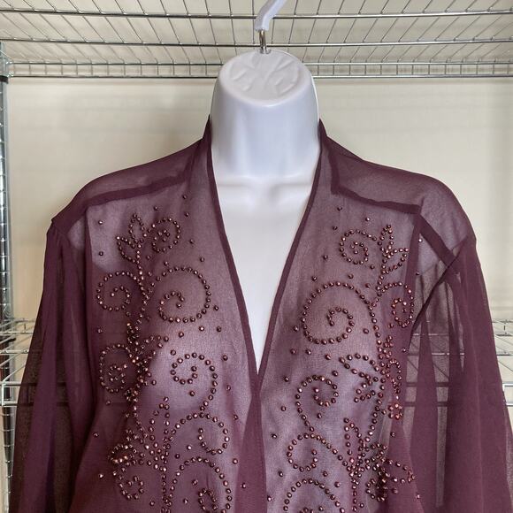 Catherines Burgundy Beaded Sheer Open Front Kimono Evening Cardigan Size 30 - Picture 7 of 11